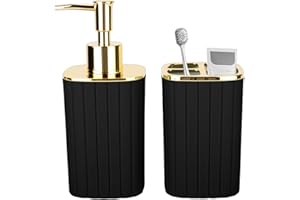 2PCS Bathroom Accessories Set, Black and Gold Bathroom Accessories Include Soap Dispenser and Toothbrush Holder for Boho Bath
