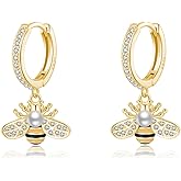Reffeer Solid 925 Sterling Silver Bee Dangle Earrings for Women Teens Cute Bee Drop Earrings Hoop Dangle Earrings