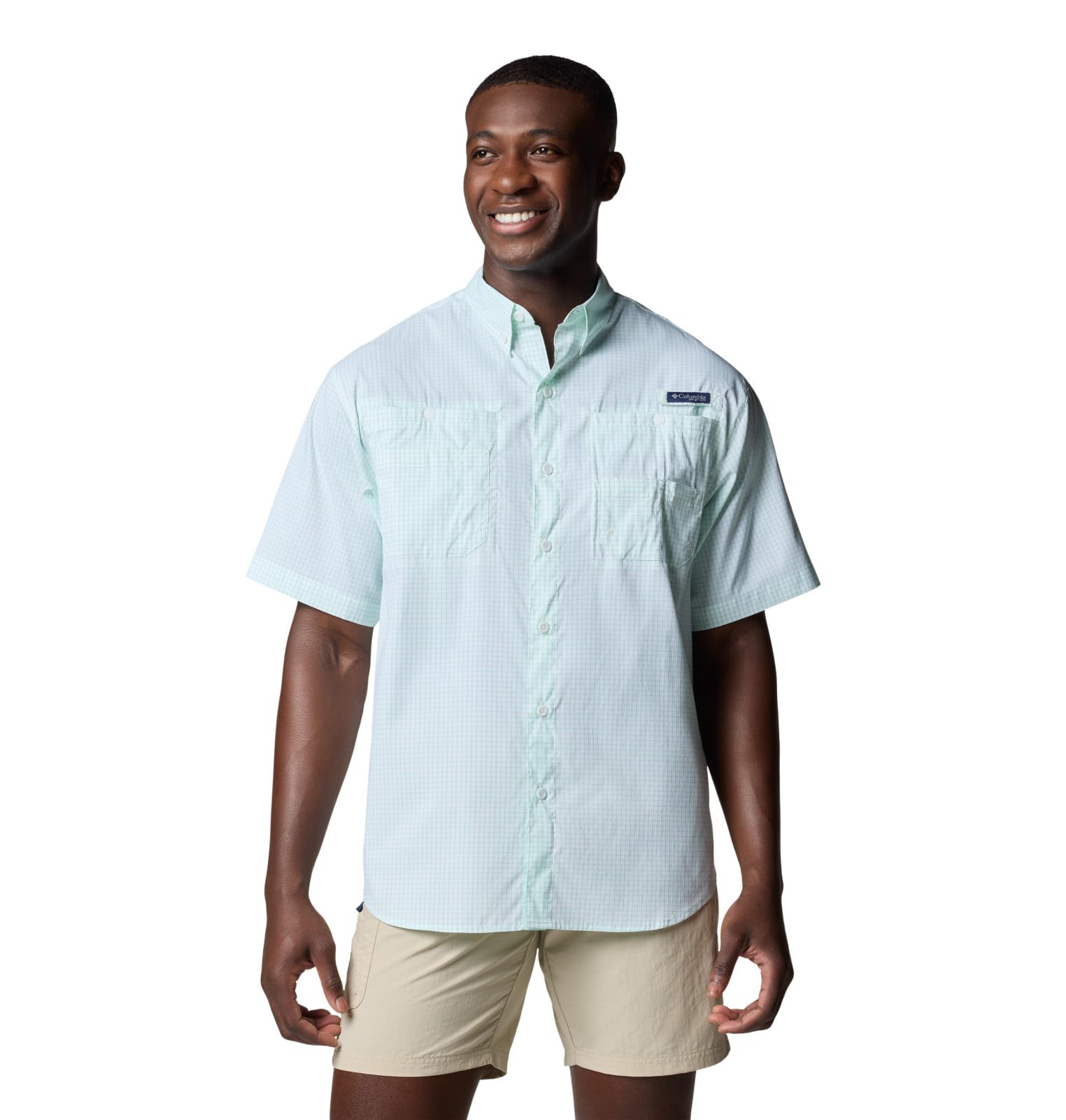 Columbia Men's PFG Super Tamiami Short Sleeve Fishing Shirt, Glaze Green Multi Gingham, Large Image