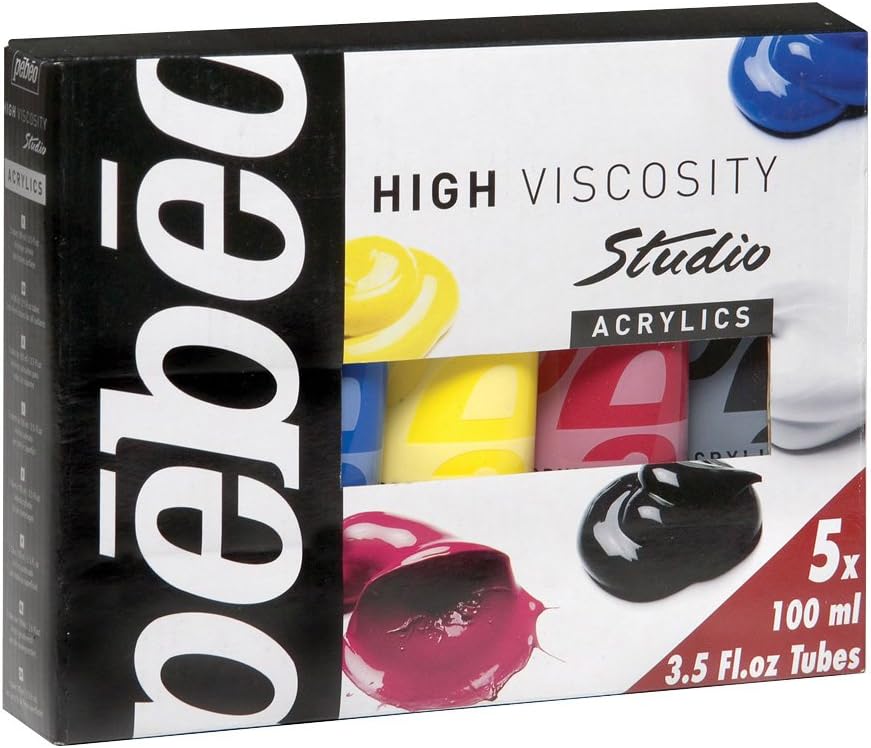 Pebeo high viscosity studio acrylics 5x 100 ml tubes ( Black, Red , Blue, Yellow , White ), Black , Red , Blue, Yellow