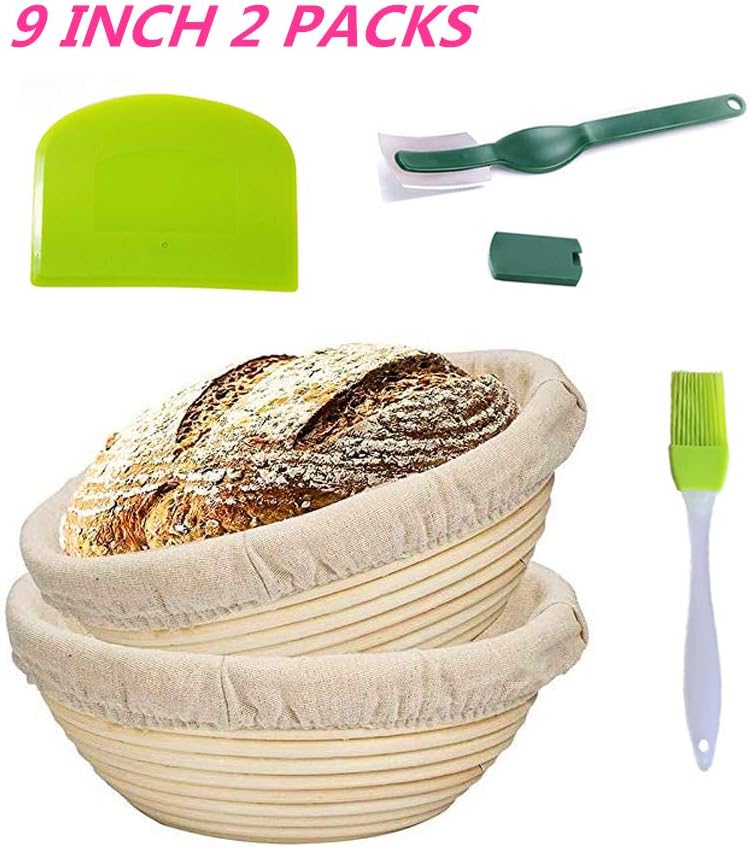 WYCY 9Inch 2 Pack Round Banneton Proofing Basket Proofing Natural Rattan Bowl for Dough and Bread for Home Bakers (with Scraper, Curved Cutter, Silicone Brush, Cloth Liner) (22CM)