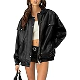 hathne Women's PU Leather Jacket Oversized Vintage Long Sleeve Motorcycle Faux Leather Blazer Jackets