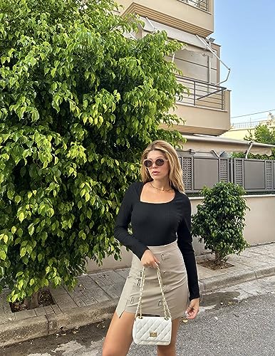 Zeagoo Women's Bodysuit Long Sleeve Asymmetric Neck Bodysuit for Women Stretch Ribbed Slim Body Suits Women Clothing