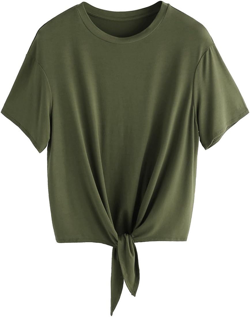Romwe Women's Short Sleeve Tie Front Knot Casual Loose Fit Tee T-Shirt at  Women’s Clothing store