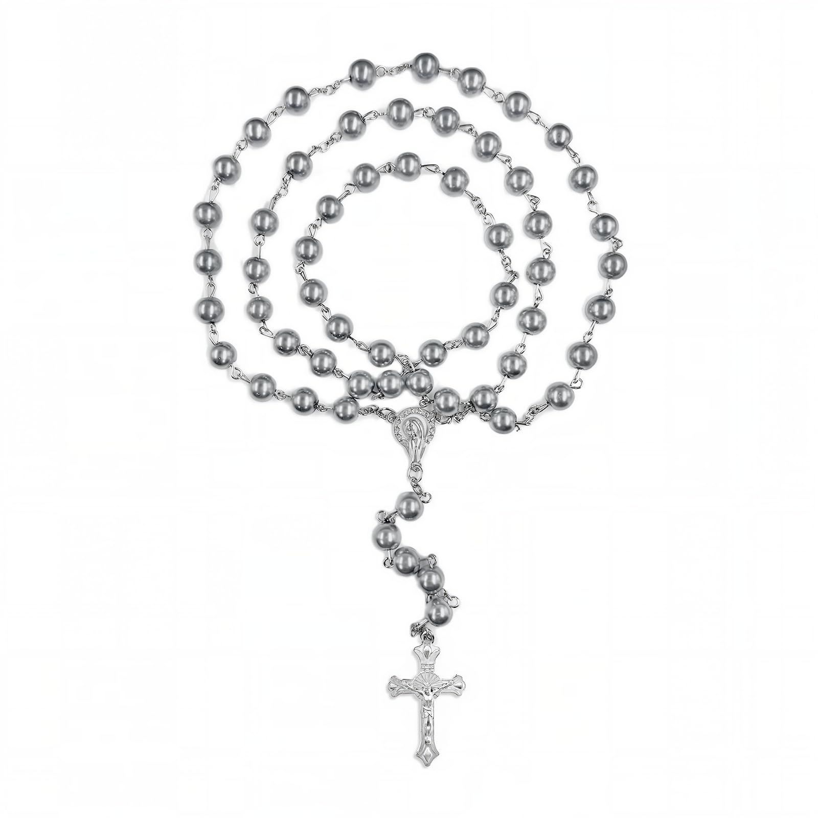 FLAFARY First Communion Rosary Set for Girls and Boys, Catholic Beads for Men, Women and Kids in Transparent Bag, Necklace Gifts for Mother, Grandmother (Grey) — image 1