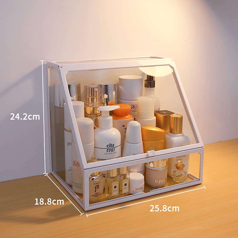 MOOCHI White Vintage Glass Cosmetic Makeup Organizer 3 Drawers Set Dust Waterproof Cosmetics Storage Display Case Countertop for Brushes Lipsticks Jewelry: Beauty