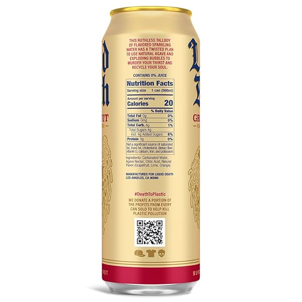 LIQUID DEATH, GRAVE FRUIT, GRAPEFRUIT-FLAVORED SPARKLING WATER, 8-PACK (19.2OZ CANS), LOW CALORIE & NO ARTIFICIAL SWEETENERS