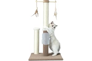 PAWSFANS Cat Scratching Post 30 Inches Tall Sisal Carpet Vertical Scratch Posts for Indoor Cats and Kittens,with Hanging Ball and Bursh Beige