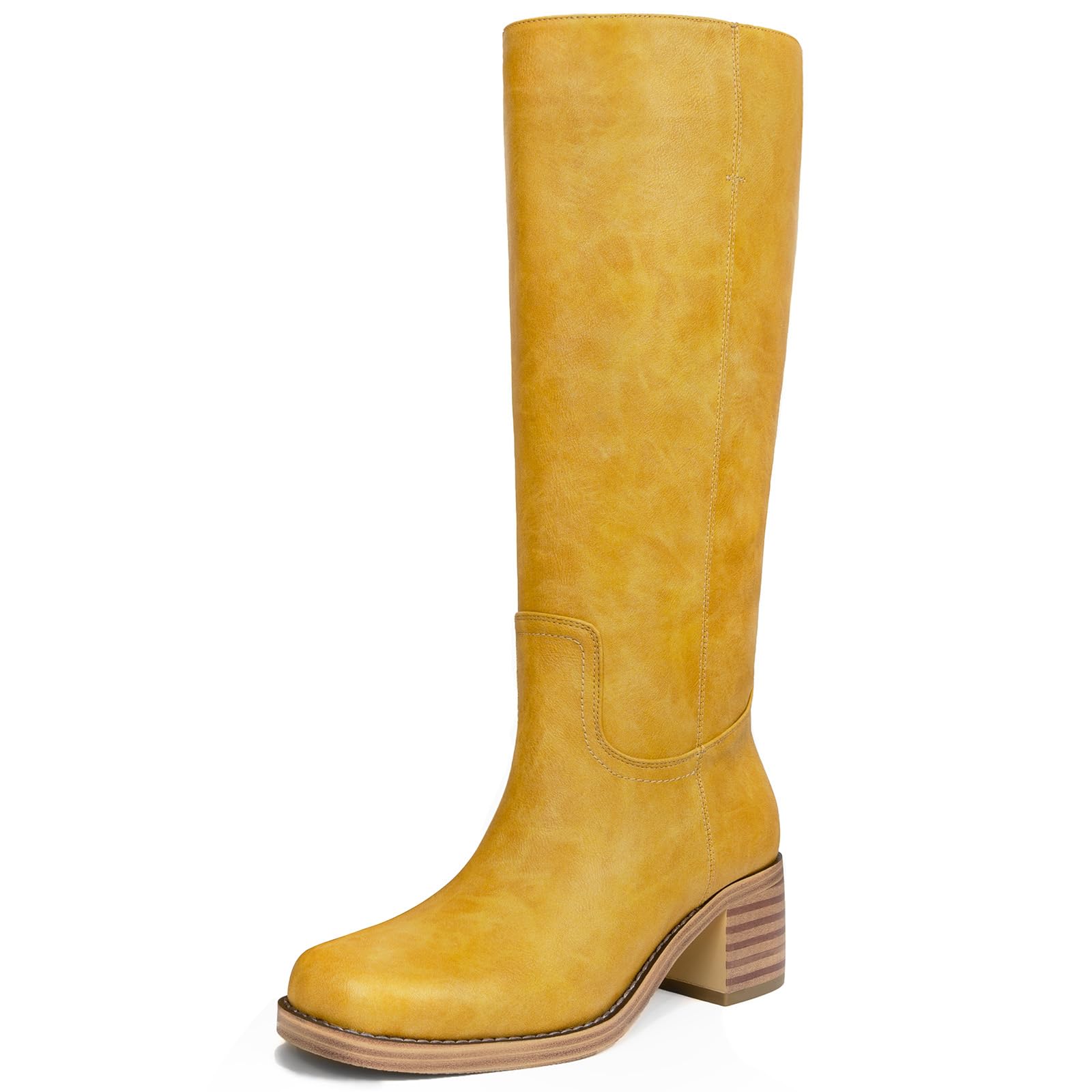 Photo 1 of HEIFIN Banana Knee High Boots for Women Square Toe Platform Boots Chunky Block Heel Long Boots Wide Calf Tall Boots Pull on Campus Boots for Women