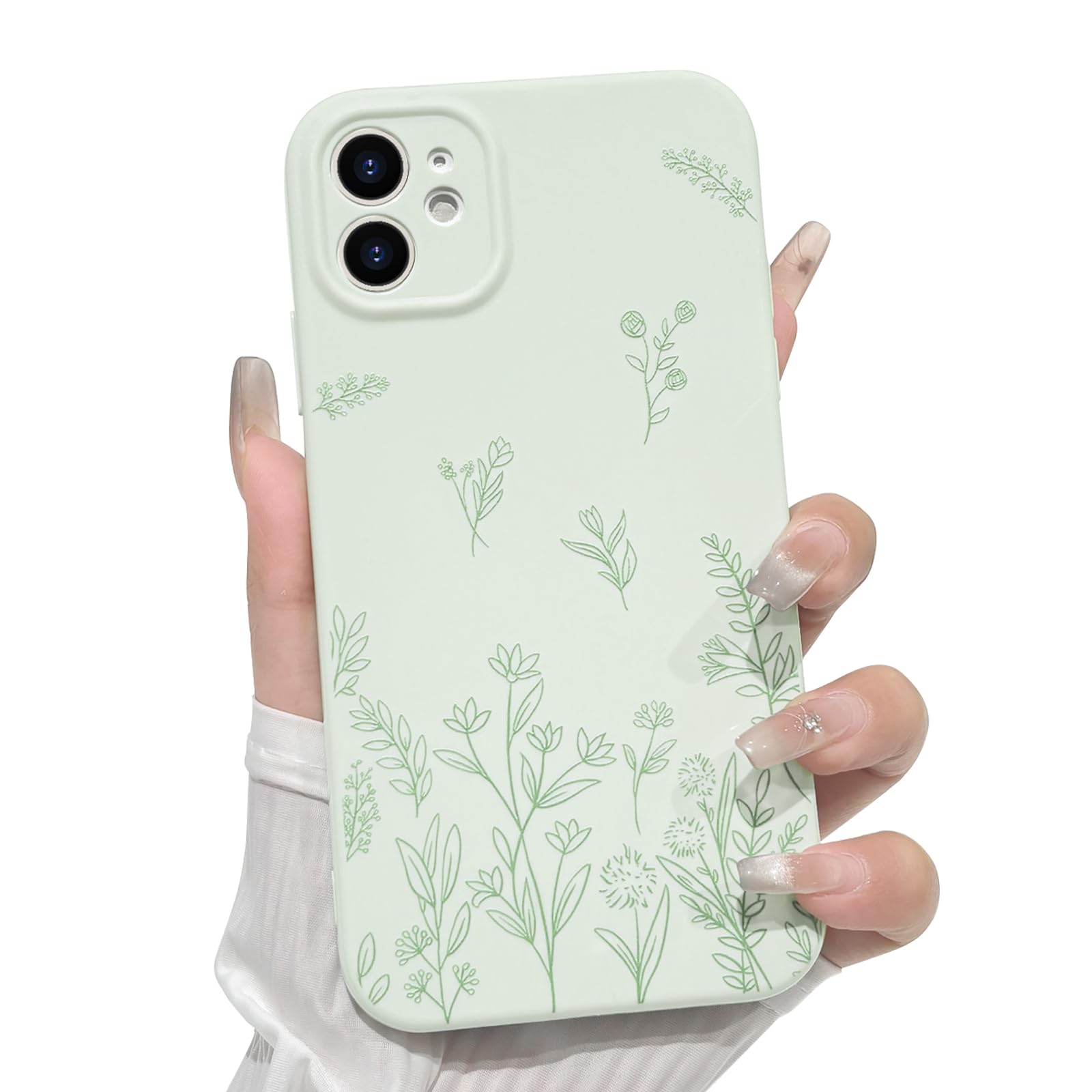 NITITOP Compatible with iPhone 12 Case Cute Flowers Floral Plant Pattern for Women Girls Trendy Slim Fit TPU Bumper Silicone Shockproof Full Camera Protection Cover - Green