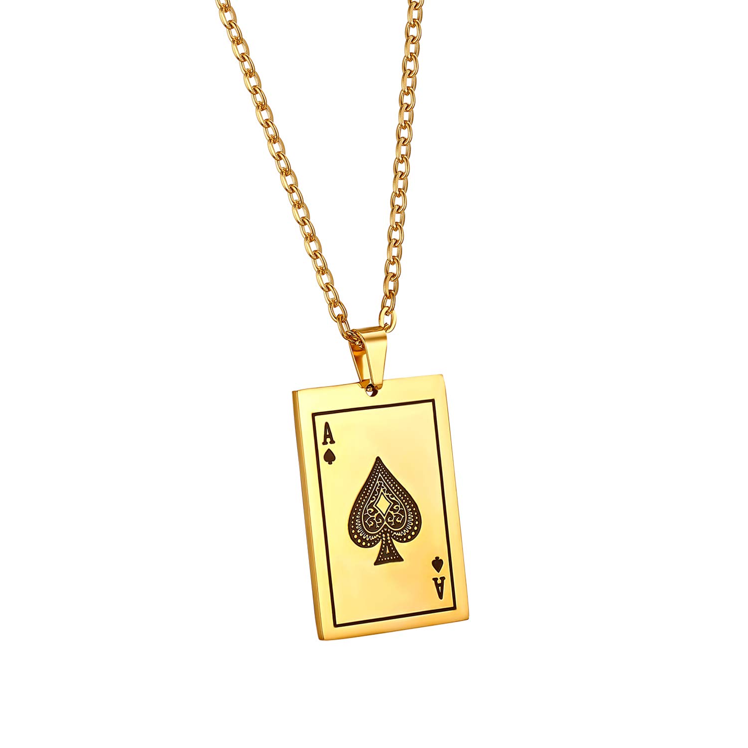 Cupimatch Mens Stainless Steel Ace of Spades Queen Heart Poker Playing Card Pendant Necklace 22 Inch Chain Gold for Fathers Day