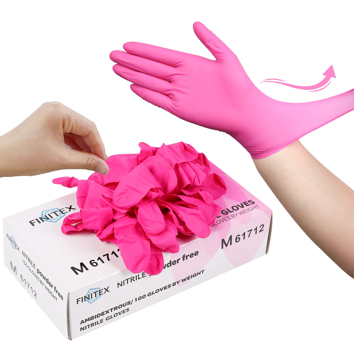 FINITEX Pink Nitrile Disposable Latex-Free Gloves - 3.5mil 100PCS Powder-Free Latex Free Cleaning Medical Exam Food Gloves