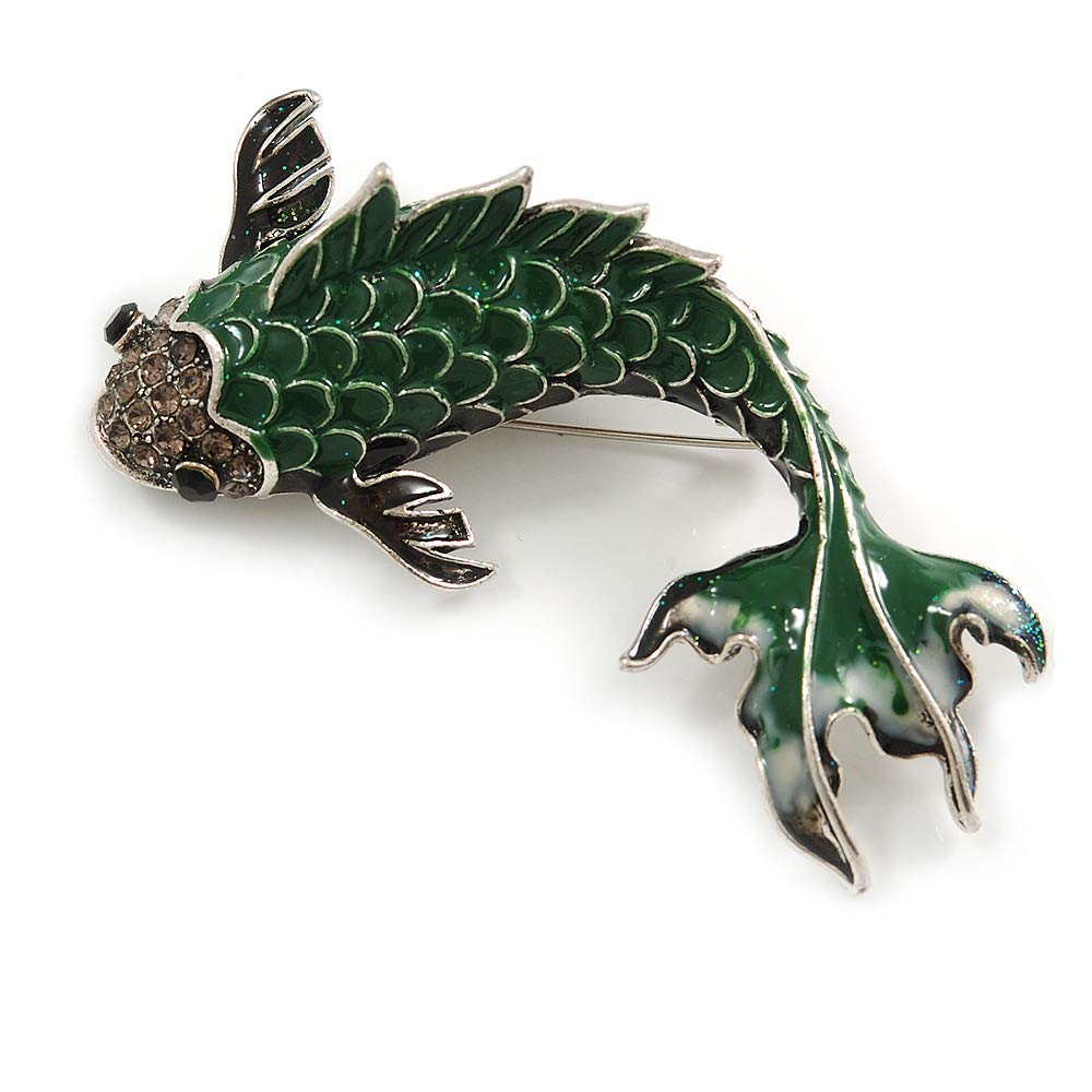 Large Green/Grey Enamel Koi Fish Brooch In Silver Tone - 75mm Long