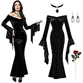 Halloween Costumes Morticia Addams Vintage Gothic Black Long Dress Outfit Women Red Roses Flowers Necklace Earrings