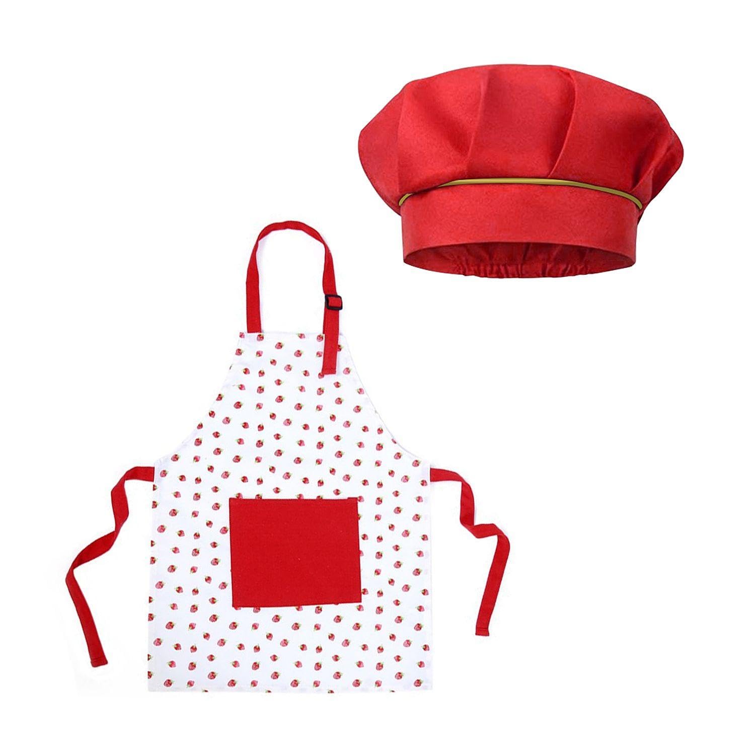 FFDHWU Strawberry Kids Apron With Chef Hat, Anti-Stain, Halter Neck, Apron With Pocket, Kitchen Baking Apron, Kids Cooking Set