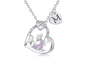 BAOWING Dragon Necklace Gifts for Kids Girls Rainbow Dinosaur Animal Pendant Colorful CZ Heart Letter Initial Jewelry Gifts for Daughter Granddaughter Niece Little Teen Girl