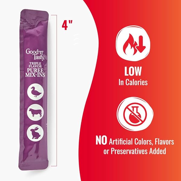 GOOD ‘N’ TASTY TRIPLE FLAVOR PUREE MIX-INS VARIETY PACK DOG FOOD TOPPER TREATS FOR ALL DOGS, 84 COUNT, EASY SINGLE-SERVE PORTIONS, ADDED PROTEIN WITH CHICKEN, SALMON, DUCK, BEEF AND RABBIT