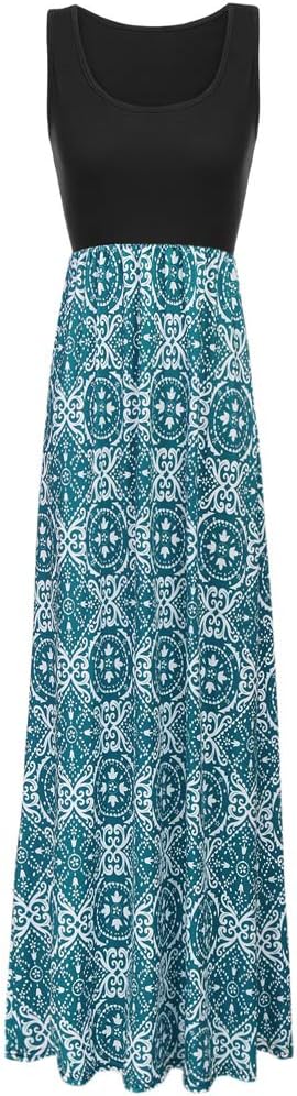 Women Boho Chevron Striped Floral Printed Summer Sleeveless Tank Long Maxi Party Dress
