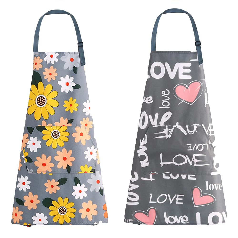 YZDZSW 2 Pcs Kitchen Aprons for Women, Aprons for Cooking Waterproof, Ladies Baking Apron with Pockets Kitchen & Gardening (Floral)