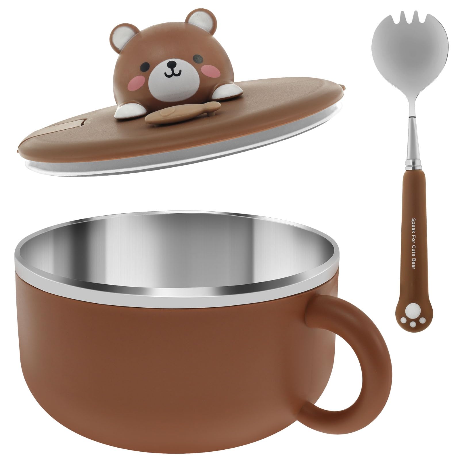 NIHUIFDPY 1200ml Ramen Bowl with Handle and Lid, Sealed Ramen Cooker Bowl with Fork, Insulated Noodle Bowl with Air Holes, Round Noodles Soup Bowl, Salad Box for Office College (Brown)