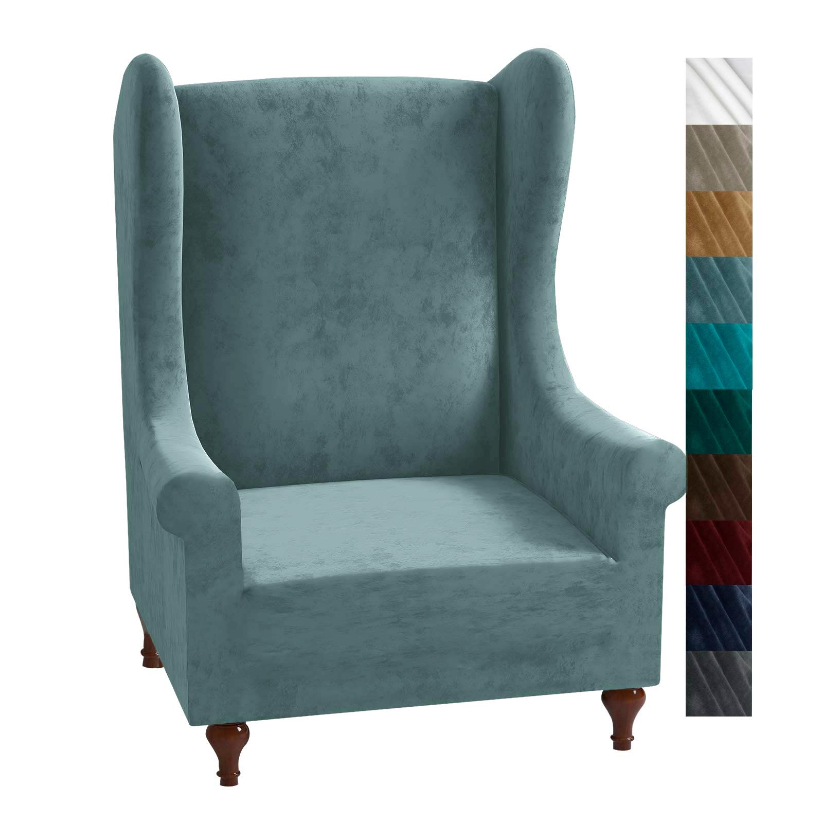XINEAGE 1 Piece Velvet Wingback Chair Slipcover Stretch Wing Chair Cover Non Slip Furniture Protector with Foam Rods for Living Room (Wingback Chair, Stone Blue)