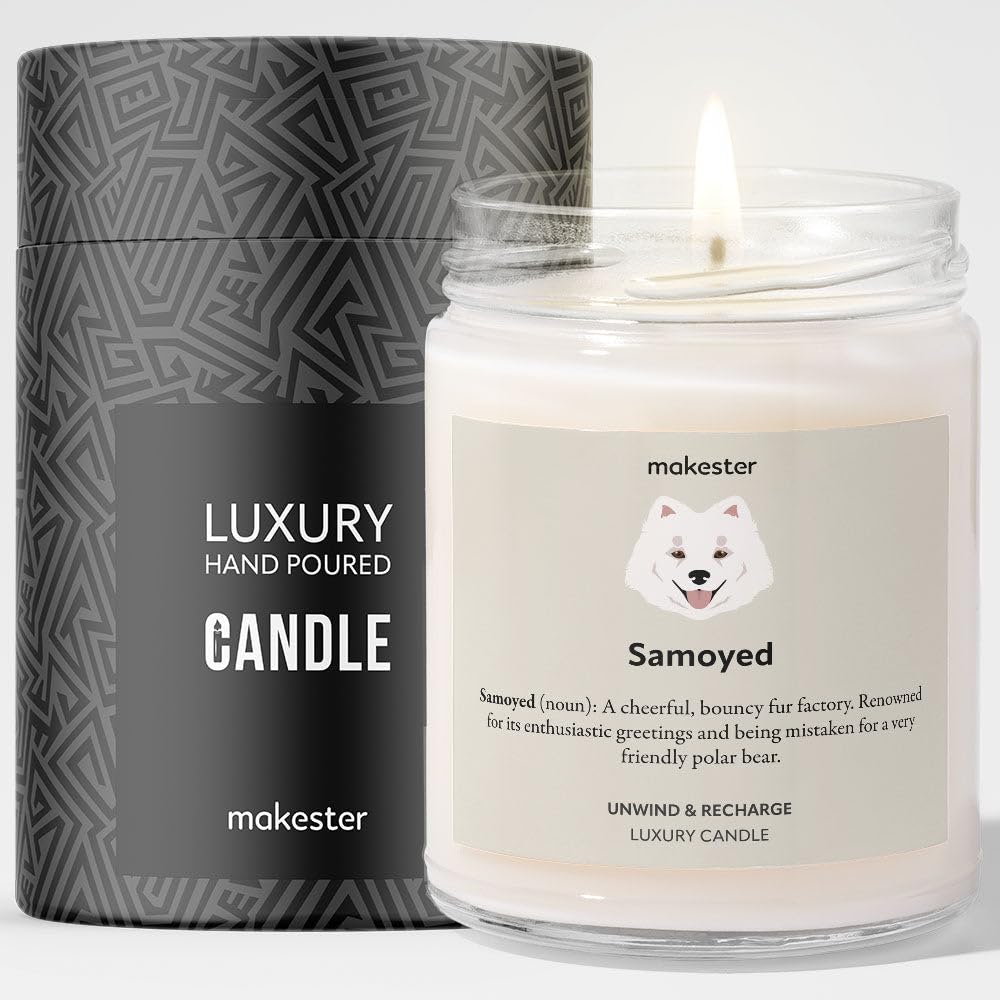 Samoyed Gifts - Luxury Soy Wax Candle - Vanilla, Jasmine, Sugared Almond - Makester