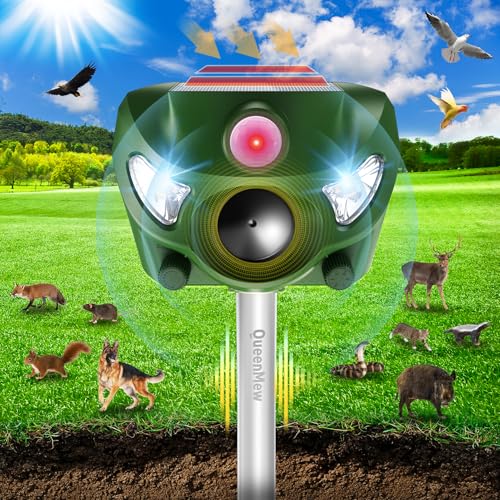 Outdoor Cat Repellent, 5 Modes Ultrasonic Cat Repeller, 26 Feet Solar Outdoor Cat Repellent with Sound Alarm and Flash Lights for Dogs, Deer, Fox, Rabbit, Squirrel, Bird
