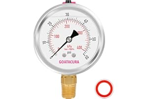 GOATACURA 0-60psi/kpa Glycerin Filled Pressure Gauge, 2-1/2" Dial Size, Stainless Steel Case, with Vent Valve, 1/4" NPT Lower