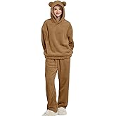 Wyeysyt Women's Fluffy Pajamas Set 2 Piece Fleece Pjs Bear Ear Hoodie Winter Warm Cozy Loungewear Sleepwear(Brown-XL)