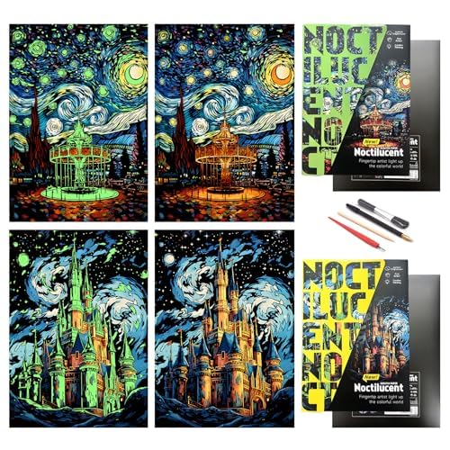 DESINIK Scratch Painting Art Paper for Adults,Creative DIY Art Craft Gift Scratch Rainbow Painting Luminous Paper Set with 4 Tools 16''x11''(Castle &Amusement Park)