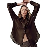 URBAN REVIVO Sheer Long Sleeve Lapel Button Down Shirts for Women Chiffon Blouses Fashion Trendy Mesh Tops