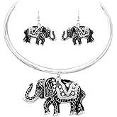 Rosemarie & Jubalee Women’s Majestic Enamel Coated Crystal Accented Lucky Elephant Statement Necklace Earrings Set, 12"+ 2" Extension
