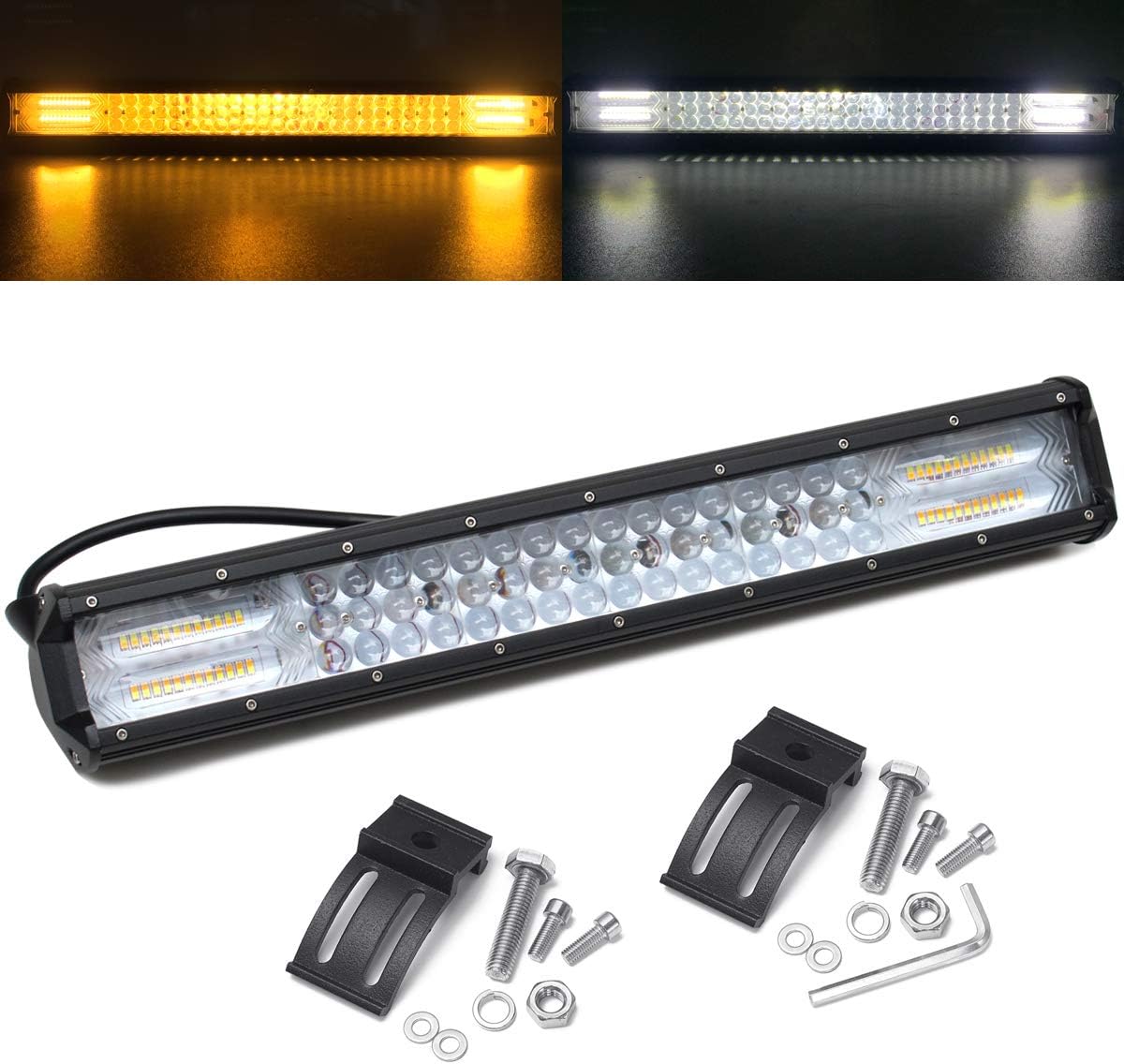 SUFEMOTEC 5D Projector Lens 20 inch White & Amber Flash 288W Triple Row LED Light Bar Spot Flood Combo For Off road Trucks Boat SUV ATV 4WD 4X4 CAR Strobe Emergenc Driving Work Bar Lights 12V 24V IP68