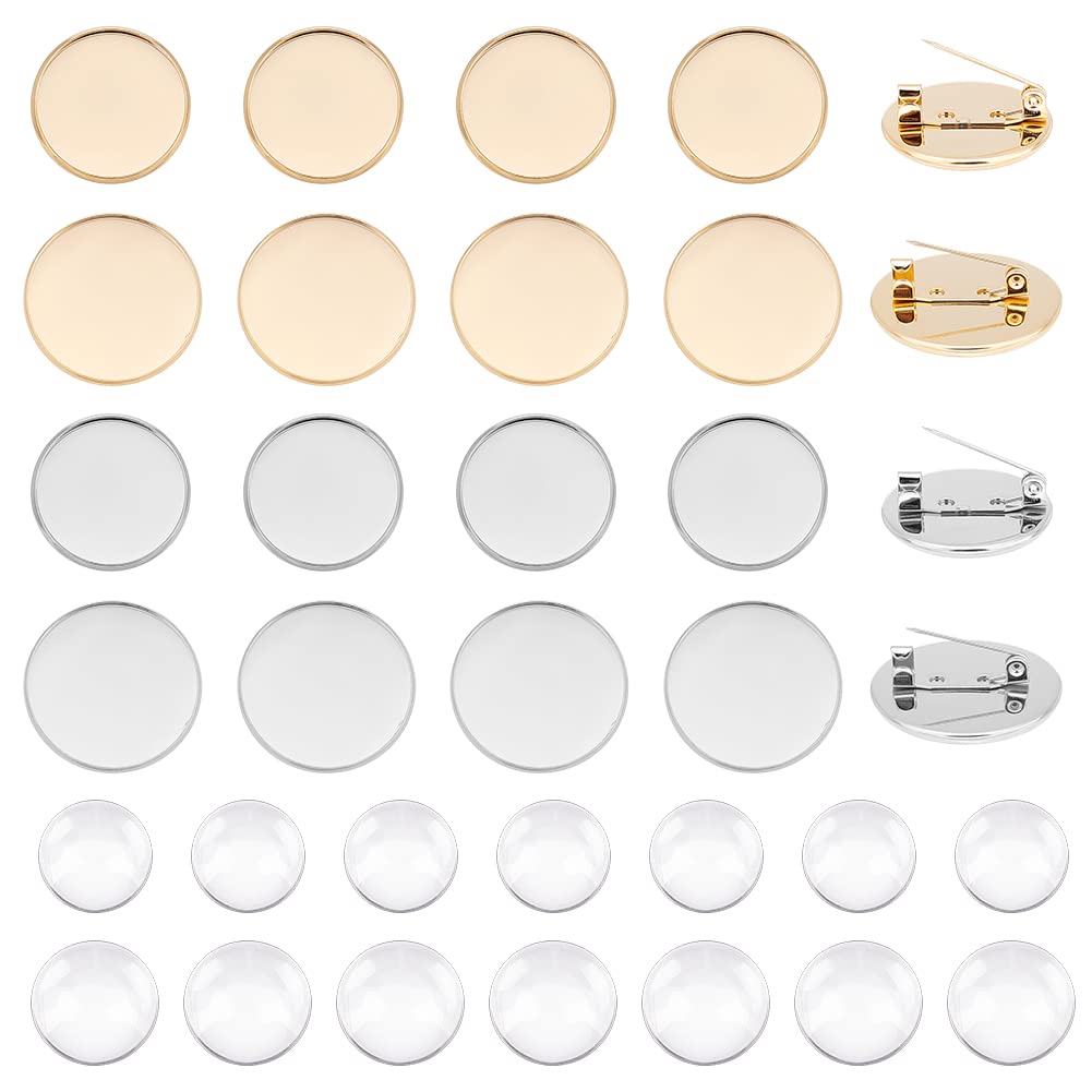 UNICRAFTALE 20Pcs Flat Round Brooch Pin with 24Pcs Glass Cabochons 304 Stainless Steel Brooch Bezel Trays DIY Blank Dome Brooch Making Kit for DIY Jewelry Making Golden and Stainless Steel Color