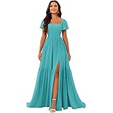 selebi Chiffon Bridesmaid Dresses Square Neck Mother of Bride Gowns Thigh Slit Formal Prom Evening Dress with Sleeves