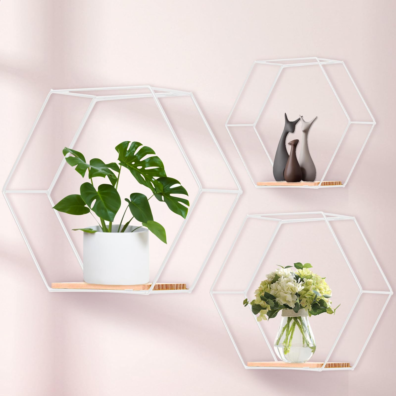 Photo 1 of F FINEC Wall Mounted Hexagonal Floating Shelves White Set of 3,Modern Metal White Shelves,Wood Partition Shelves for Wall Decor,Wall Shelves for Bedroom,Living Room,Kitchen,Office,Plants and Art