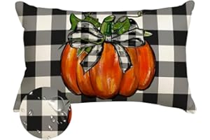 RABUSOFA Outdoor Fall Pillow Covers Waterproof 12x20 Inch,Buffalo Plaid Autumn Pumpkin Bow Decor Thanksgiving Cushion Cases Farmhouse Decoration for Home Couch (Orange, 20" x 12")