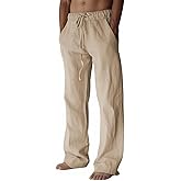 PIDOGYM Mens Cotton Linen Pants, Summer Beach Pants Casual Loose Fit with Elastic Waist Drawstring