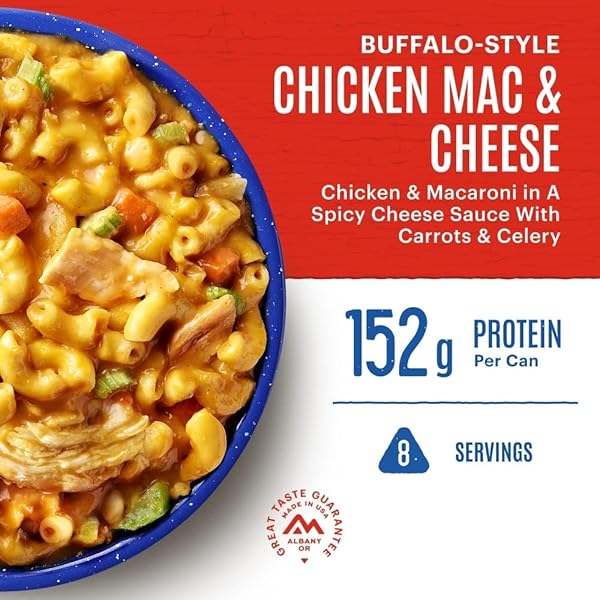 MOUNTAIN HOUSE BUFFALO-STYLE CHICKEN MAC & CHEESE FREEZE-DRIED FOOD FOR CAMPING, 8 SERVINGS, 30-YEAR SHELF-LIFE