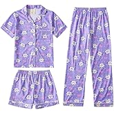 MyFav Girls Pajama Sets 3pcs Button Down Short Sleeve Top Shorts & Long Pants With Cute Patterns SleepwearNighty For Teens