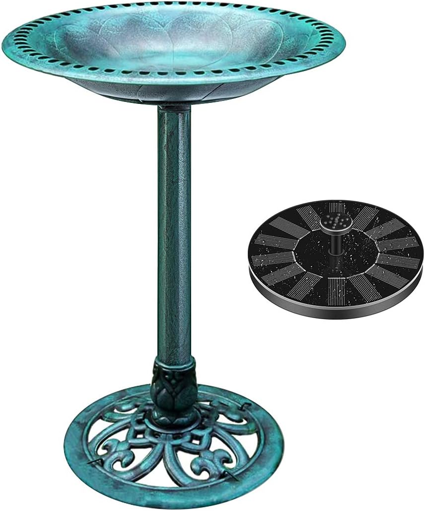 Backyard Birding & Wildlife - VIVOHOME Polyresin Antique Outdoor Green Garden Bird Bath and Solar Powered Round Pond Fountain Combo Set