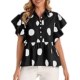 Cicy Bell Womens Polka Dot Babydoll Tops Peplum Ruffle Cap Sleeve Blouses Summer Casual Half Button Up Shirts