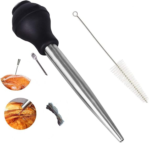 Stainless Steel Turkey Baster 4Piece Set Syringe Needle with Cleaning Brush and Natural Cotton