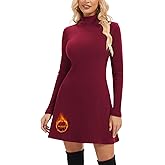 WOWENY Women's Long Sleeve Sweater Dress Mock Neck Ribbed Knit Mini Dresses Fall Winter Turtleneck A Line Short Dress