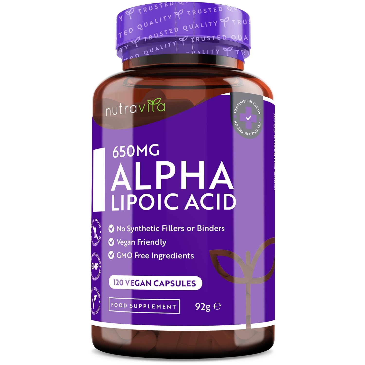 Nutravita Alpha Lipoic Acid 650mg โ 120 High Strength ALA Vegan Friendly Capsules โ 4 Month Supply โ Alpha-Lipoic Acid โ No Synthetic Binders or Fillers โ Made in The UK