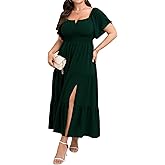 SCOMCHIC Womens Plus Size Maxi Dress Formal Short Sleeve Square Neck Smocked Side Split Flowy A Line Tiered Long Dress