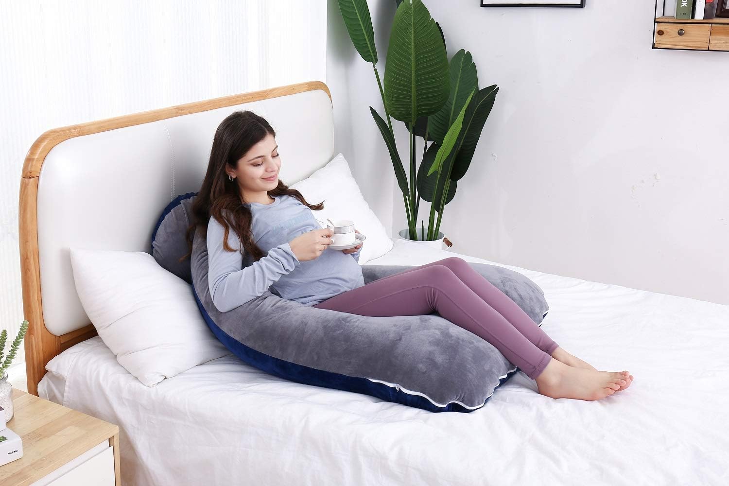 AS AWESLING Pregnancy Pillow, U Shaped Full Body Pillow, Nursing, Support and Maternity Pillow for Pregnant Women with Removable Velvet Cover (Grey Blue): Home & Kitchen
