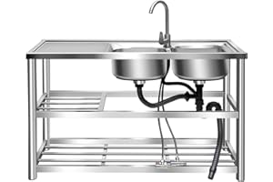 SBPKMARSCT 2 Compartment Sink, 47.2x17.5x31.5 In Stainless Steel Sink Commercial Freestanding Double Bowl Sinks Large Kitchen Flume w/Faucet&2 Washing Basin for Restaurant, Bar, Kitchen