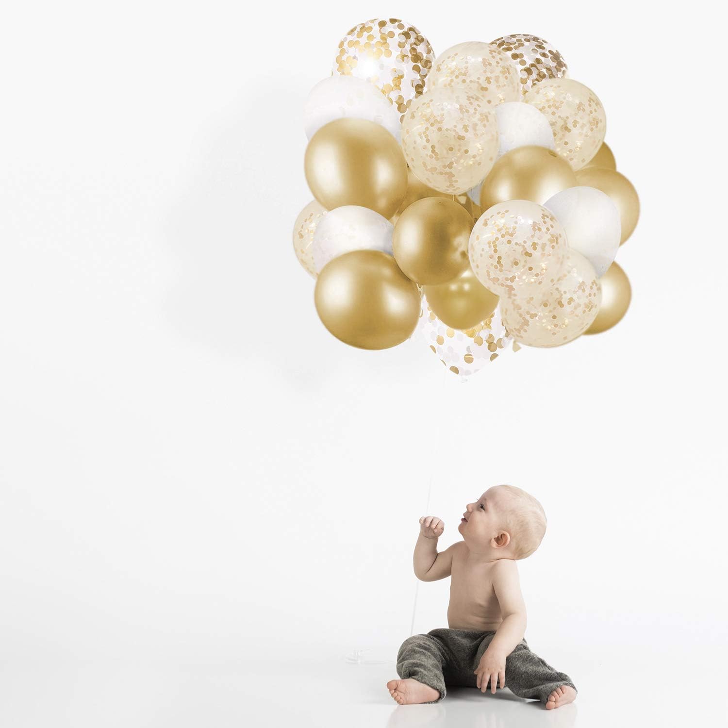 60 Pack Gold Balloons + Gold Confetti Balloons w/Ribbon | Balloons Gold | Gold Balloon | Gold Latex Balloons | Golden Balloons | White and Gold Balloons 12 inch | Clear Balloons with Gold Confetti |: Health & Personal Care