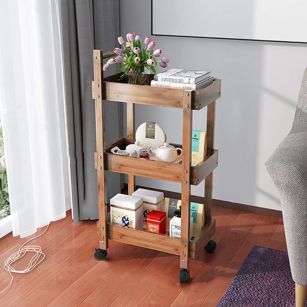Admir 3 Tier Rolling Utility Cart Storage,Rustic Serving Cart Handle Solid Wood Mobile Bar Cart Locking Caster Wheels Kitchen B